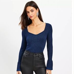 LOFT Shimmer Ribbed Sweetheart Neck Flare Cuff Sweater size Large NWT